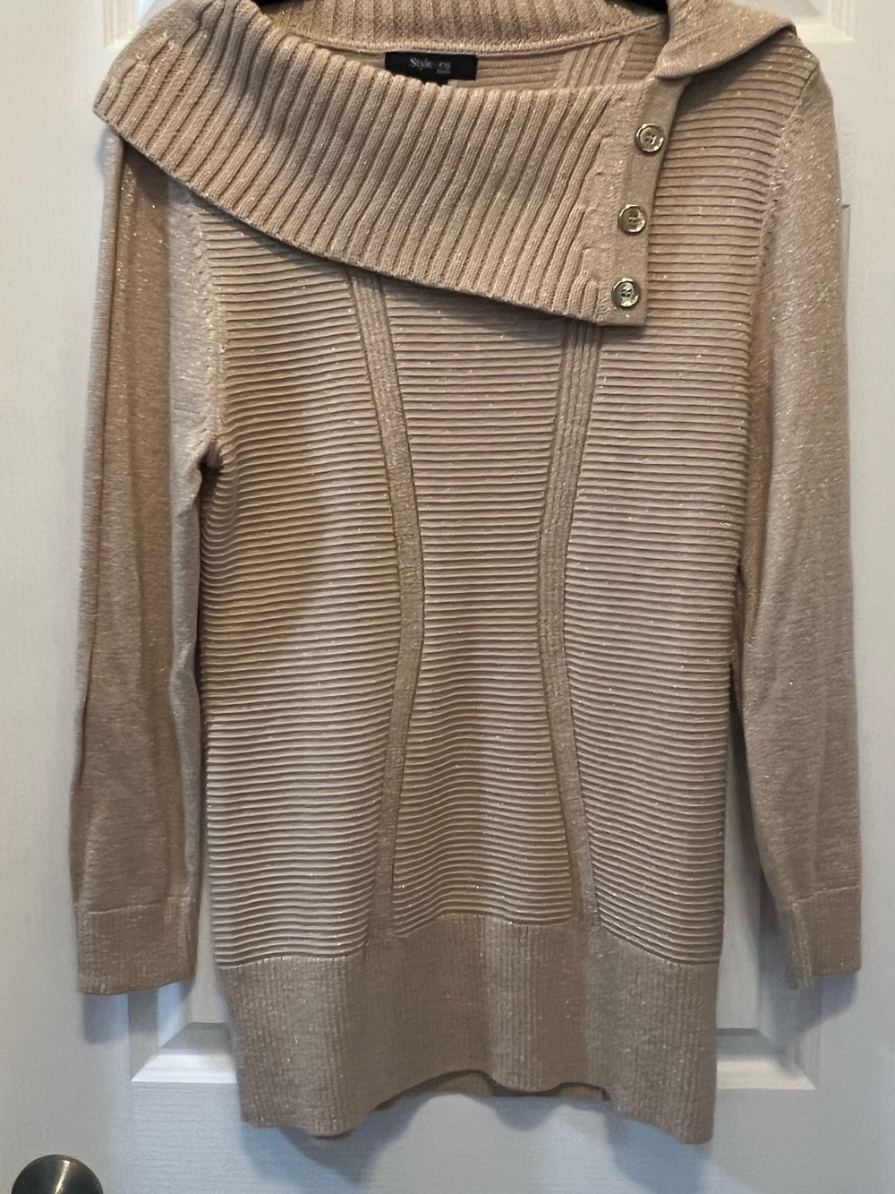 Style & Co. Beige Ribbed Fold-Over Collar Button Sweater